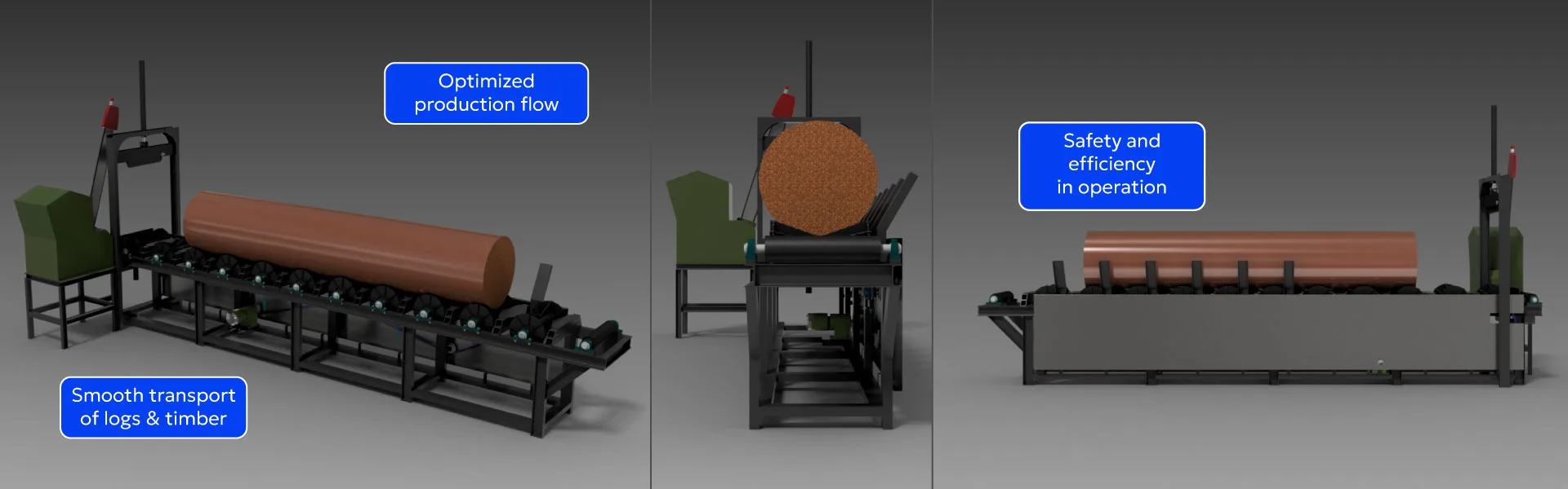 Conveyor rollers for logs and timber.