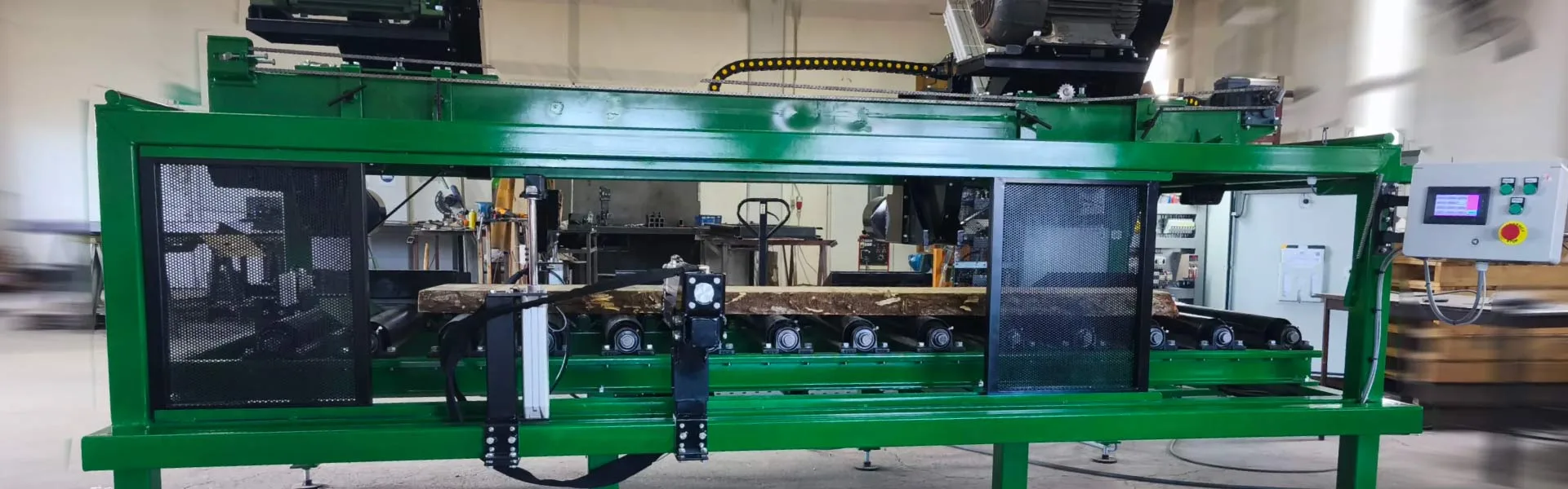 Raw timber processing and production line.