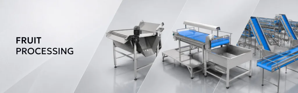 Industrial machinery for cutting, sorting, and processing fruit.