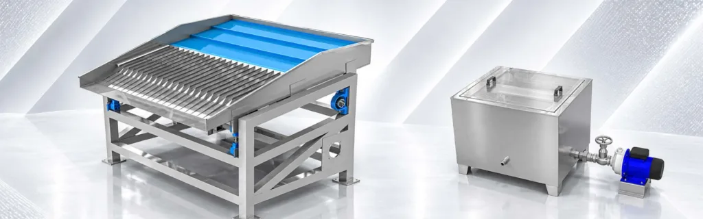 Custom stainless steel food processing equipment for sorting and preparation, illustrating machinery configured for different production requirements.