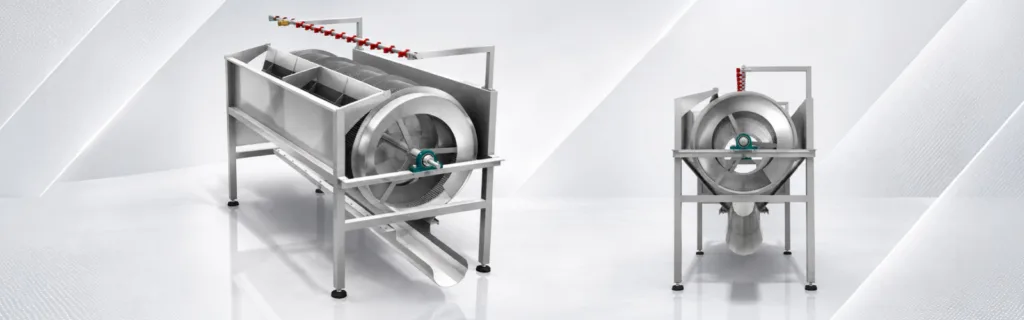 Stainless steel food processing equipment shown from two angles, illustrating machinery that can be integrated as production capacity and process requirements evolve.