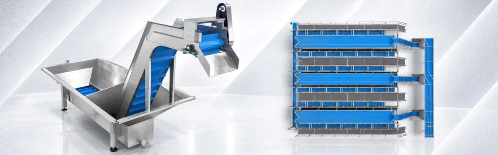 Industrial food production line layout with conveyors and product handling equipment, illustrating process flow and equipment integration.