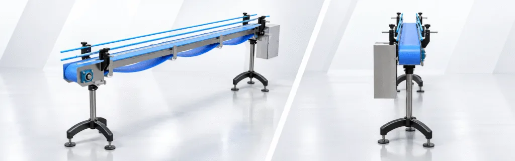 Industrial belt conveyor system with a blue conveyor belt